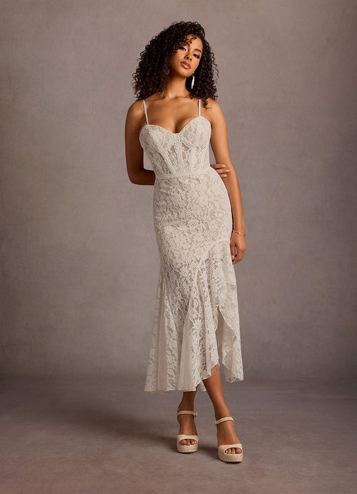 Kaira White Lace Corset Midi Dress  Dress
