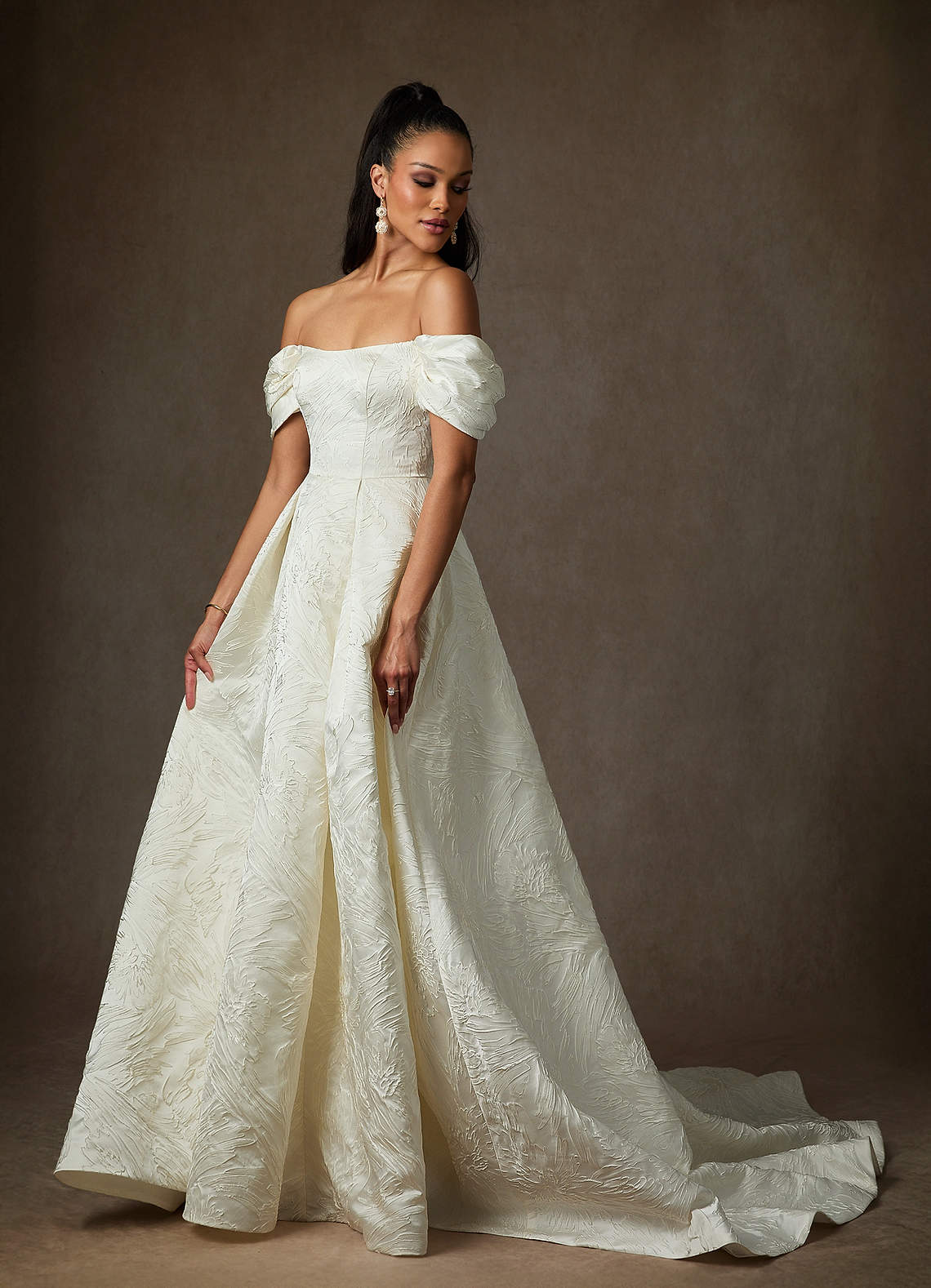 Antique White Ball-Gown Floral Jacquard Dress