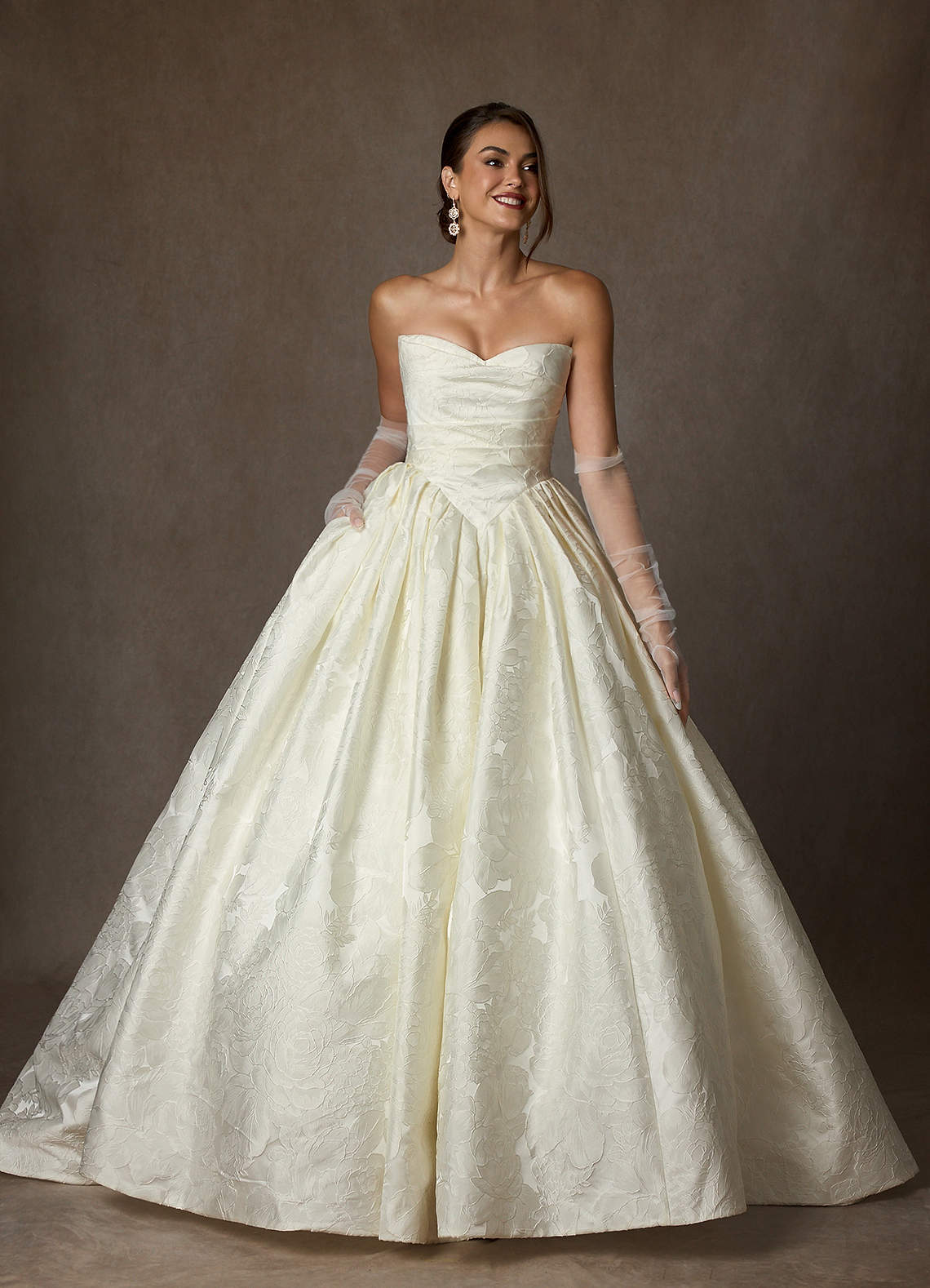 Antique White Ball-Gown Strapless Floral Jacquard Dress