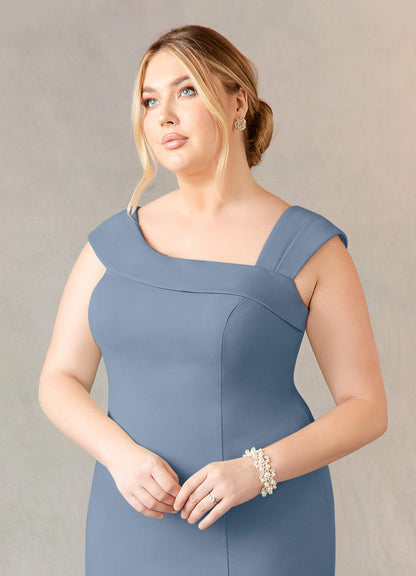Dusty Blue Sheath Side Slit Stretch Crepe Dress