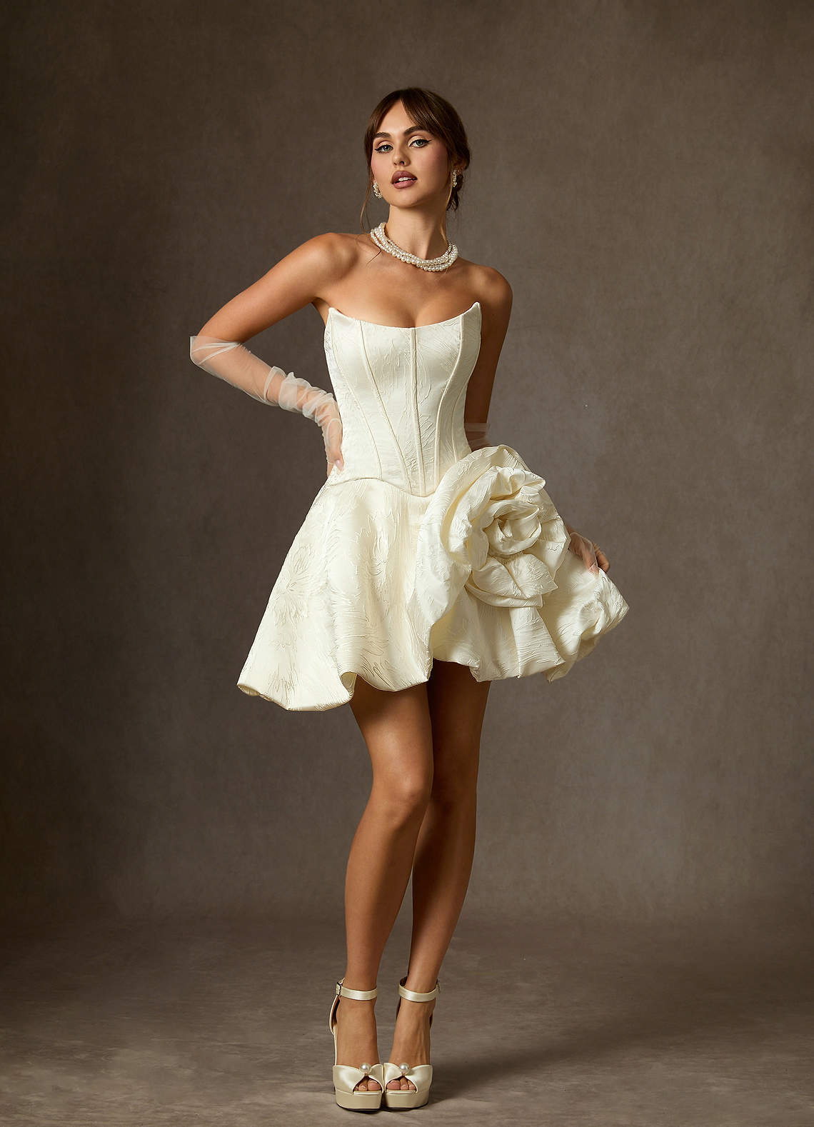 Antique White Ball-Gown Strapless Floral Jacquard Dress
