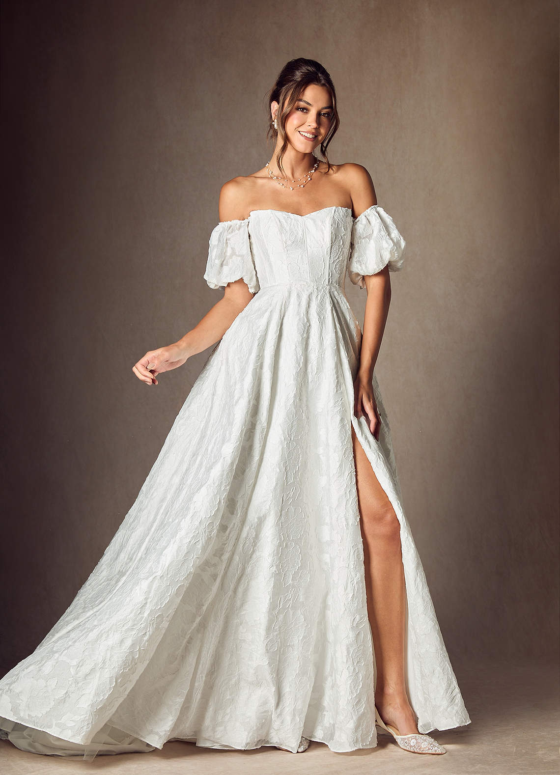 Diamond White Ball-Gown Sweetheart Neckline Floral Burnout Jacquard Dress