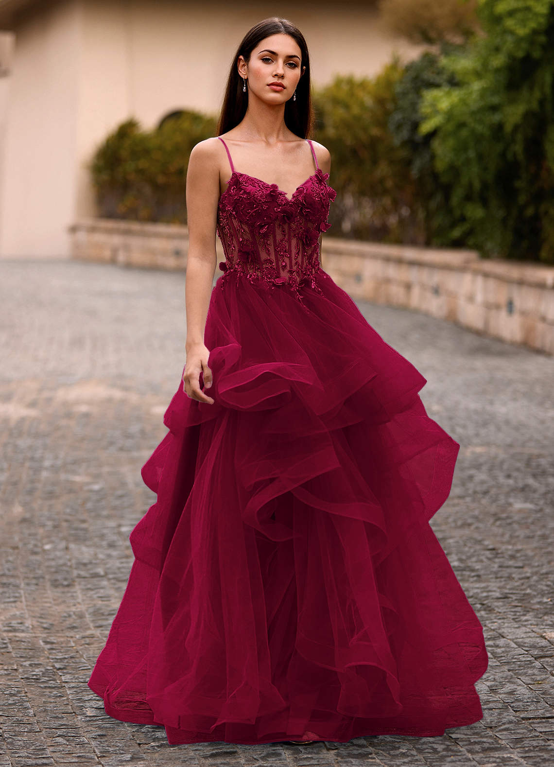 Dreama Burgundy Lace Corset Ruffle Prom Dress  Dress