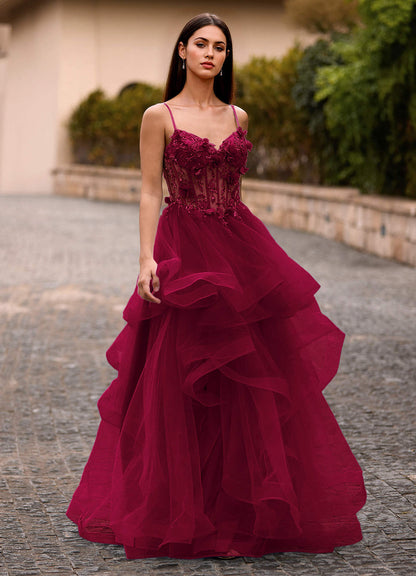 Dreama Burgundy Lace Corset Ruffle Prom Dress  Dress
