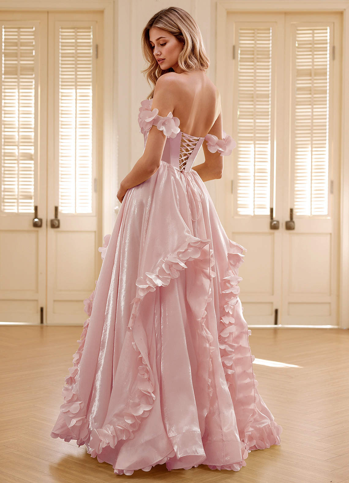 Elysia Pink Corset Rhinestone Sheer Lace Prom Dress
