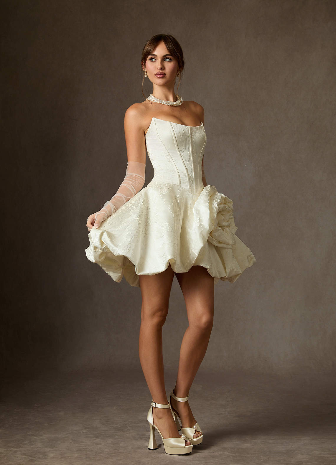 Antique White Ball-Gown Strapless Floral Jacquard Dress