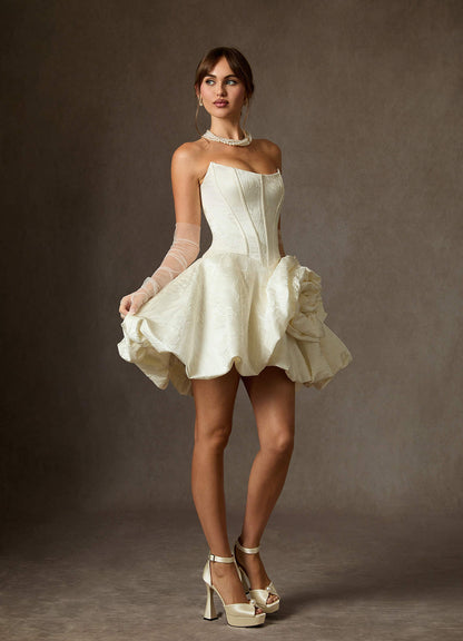 Antique White Ball-Gown Strapless Floral Jacquard Dress