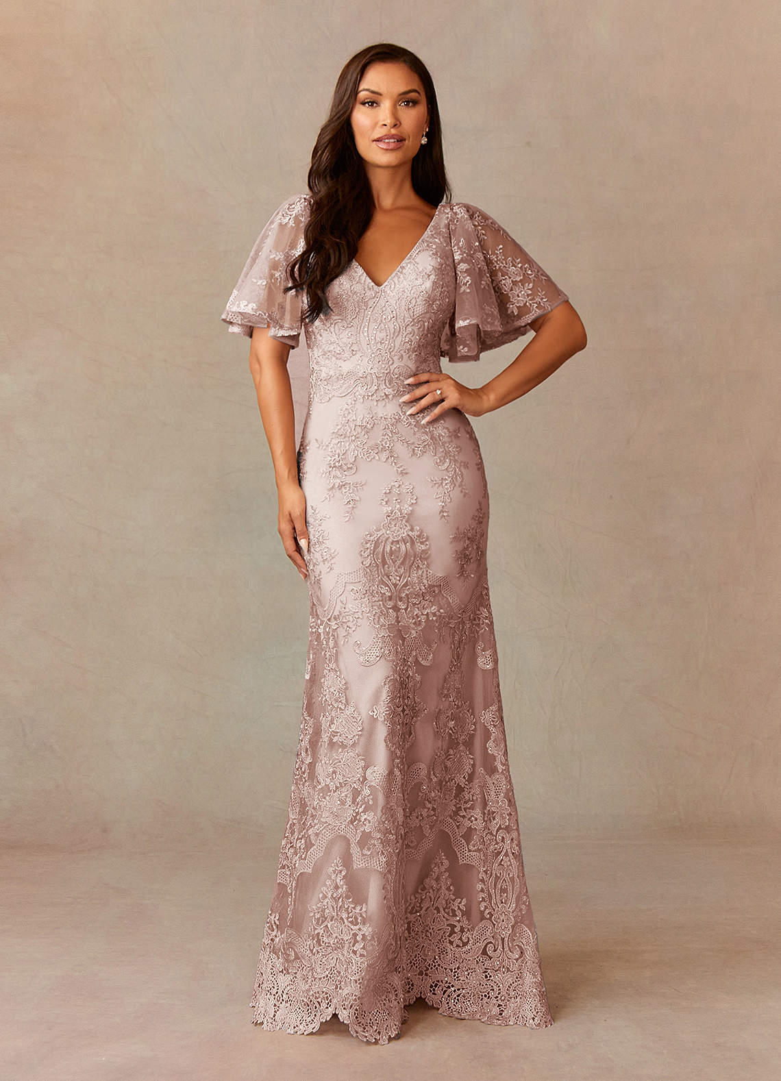 Dusty Rose Mermaid V-Neck Lace Dress