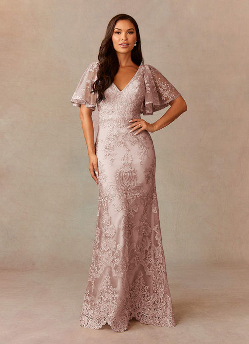Dusty Rose Mermaid V-Neck Lace Dress