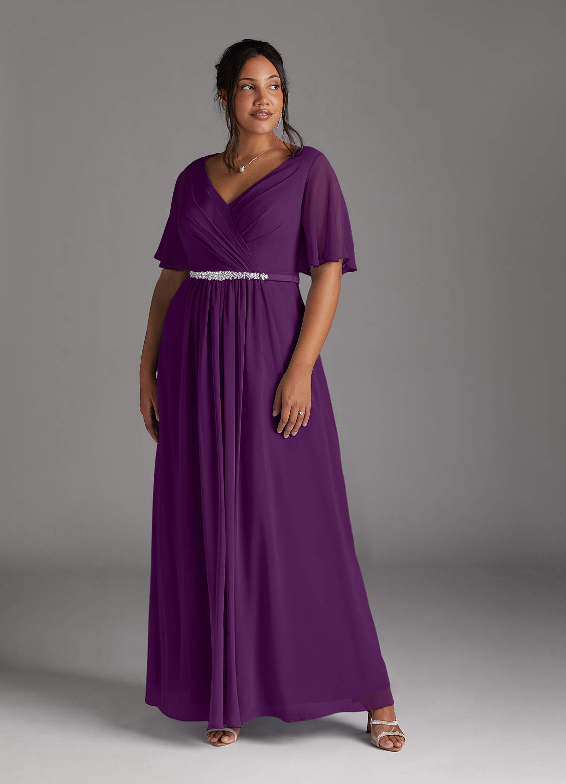 Grape A-Line V-Neck Pleated Chiffon Dress