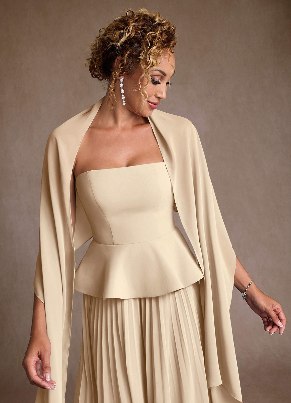 Champagne A-Line Pleated Chiffon Dress