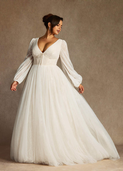 Diamond White Champagne Ball-Gown Lace Tulle Dress