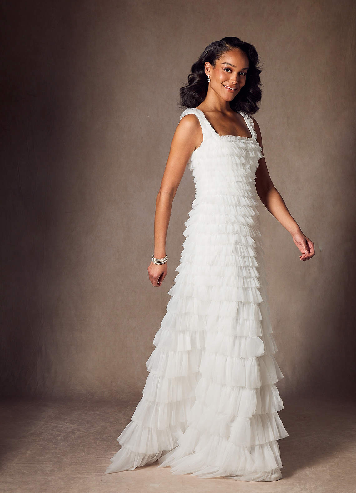 Diamond White A-Line Ruched Tulle Dress