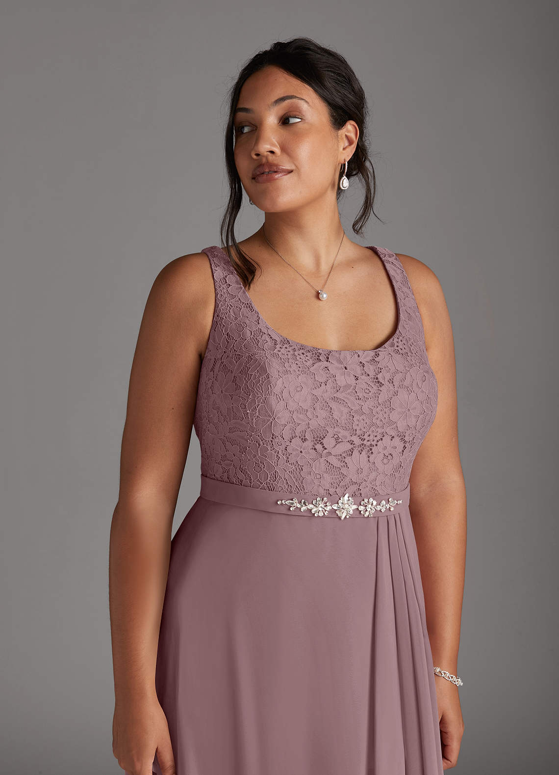 Dusty Rose A-Line Square Neckline Lace Chiffon Dress