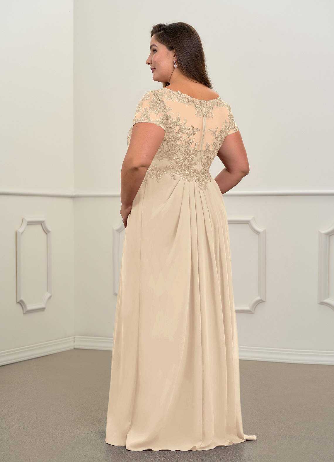 Champagne A-Line V-Neck Lace Chiffon Dress