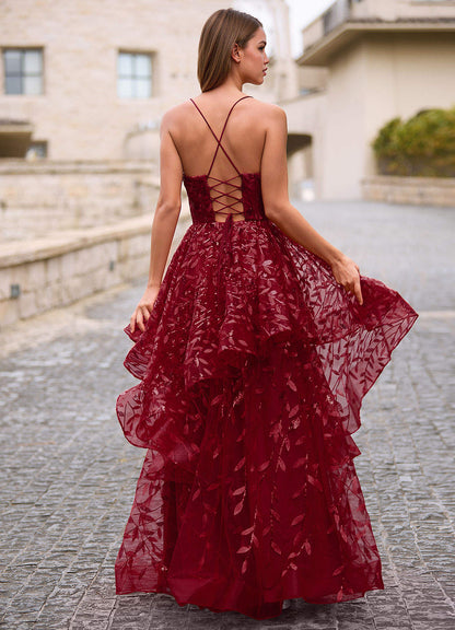 Valentina Burgundy Embroidered Jacquard Sheer Prom Dress  Dress
