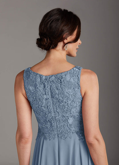 Dusty Blue A-Line Scoop lace Chiffon Dress