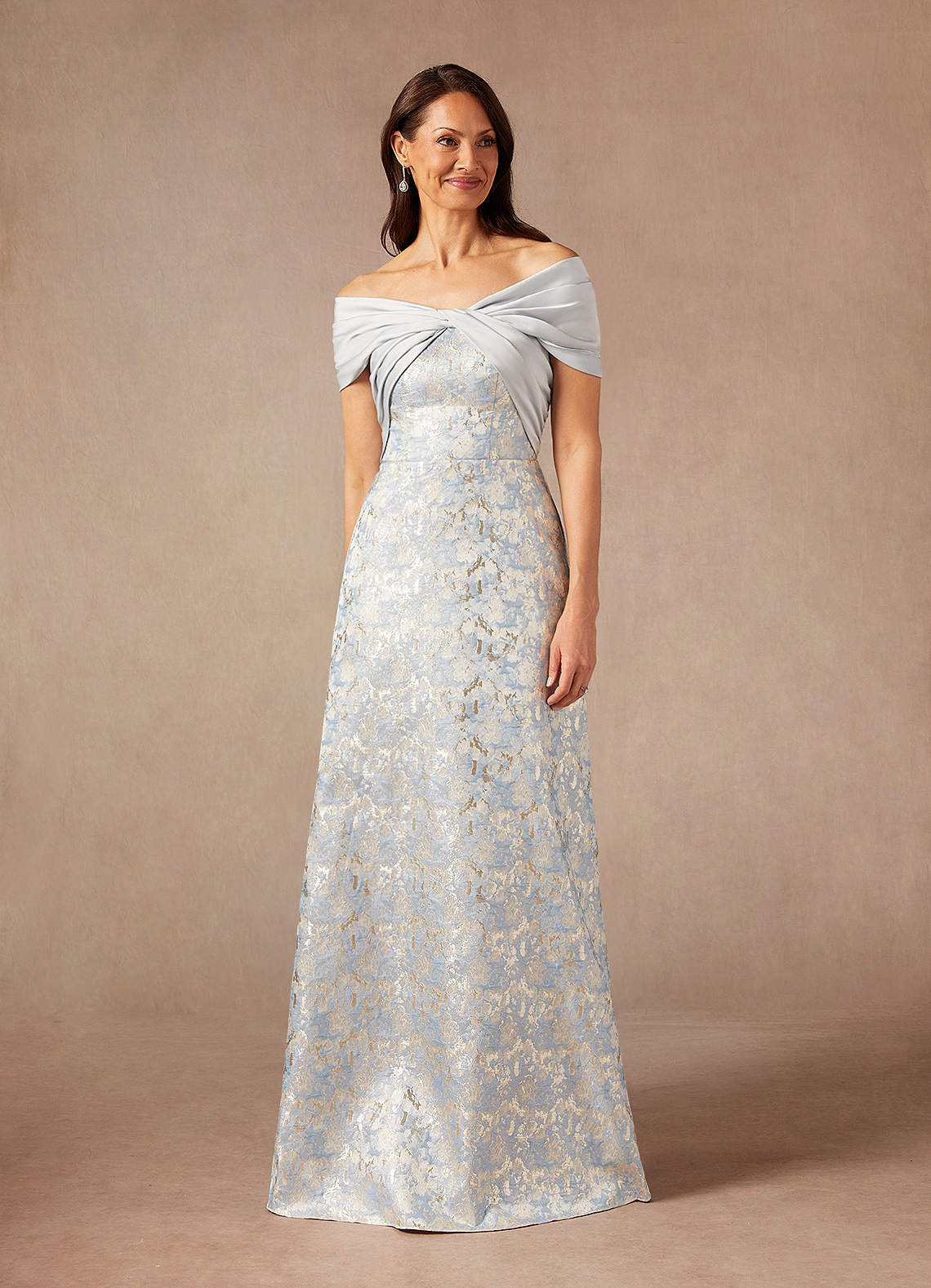 Dusty Blue A-Line Off the Shoulder Jacquard Dress
