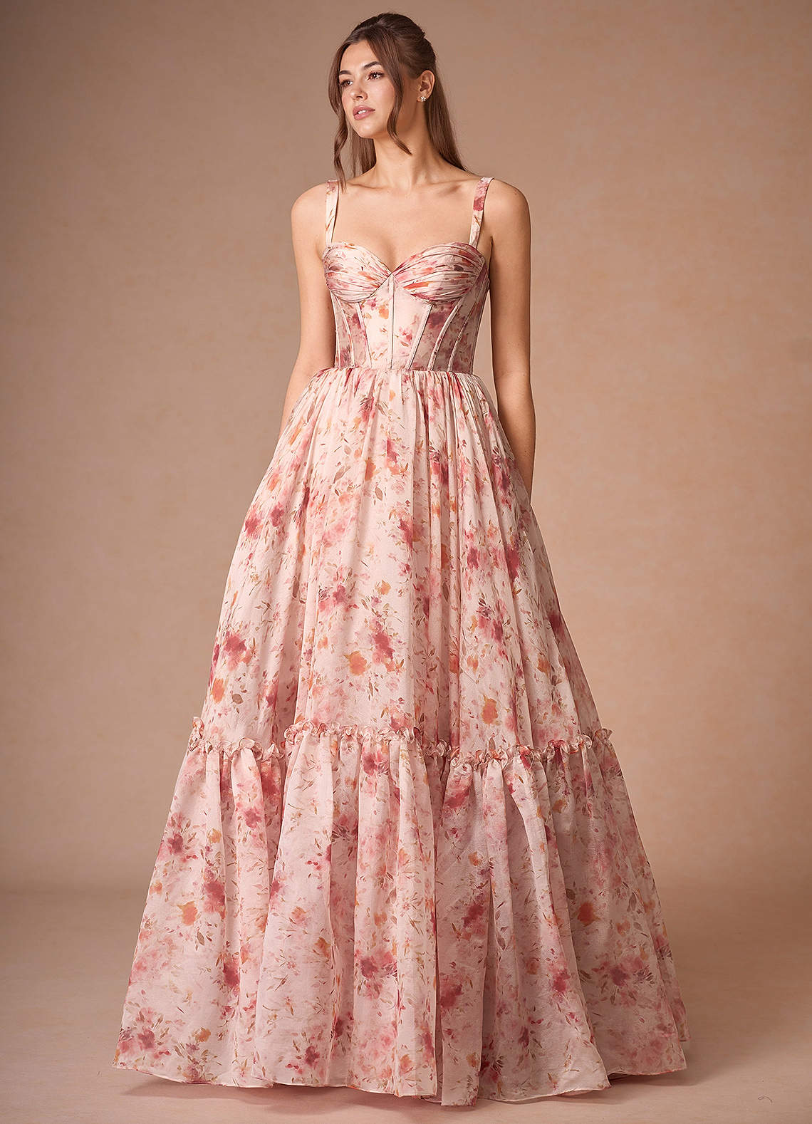 Halame Apricot Multi Sleeveless Floral A-Line Prom Dress