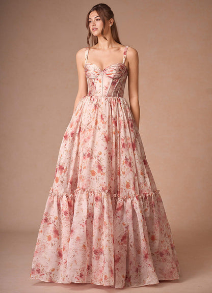 Halame Apricot Multi Sleeveless Floral A-Line Prom Dress