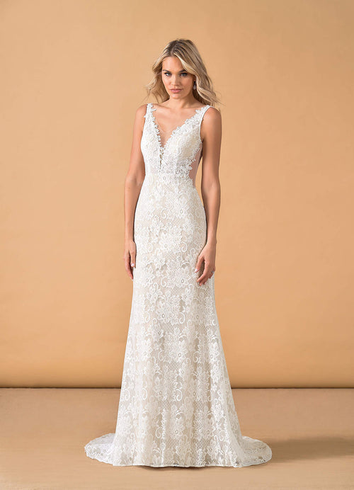 Diamond White Champagne Mermaid V-Neck Lace Tulle Dress