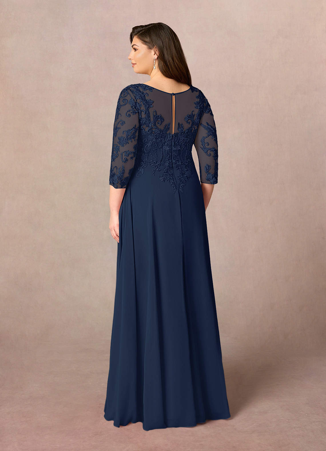 Dark Navy A-Line V-Neck Lace Chiffon Dress