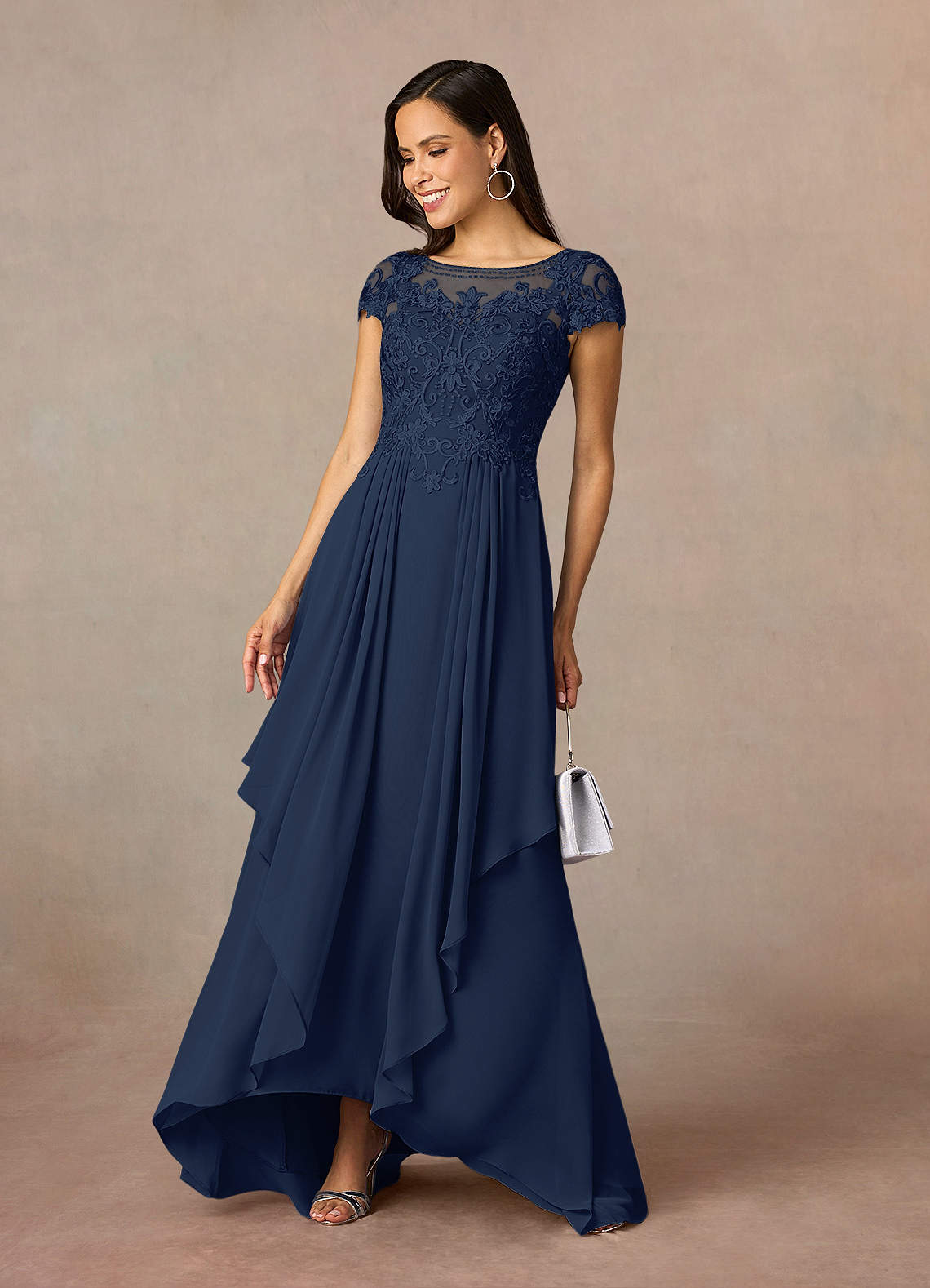 Dark Navy A-Line Lace Chiffon Dress