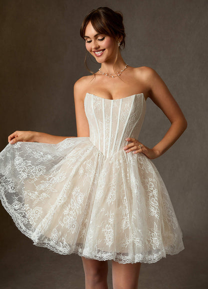 Diamond White Champagne Ball-Gown Strapless Lace Dress