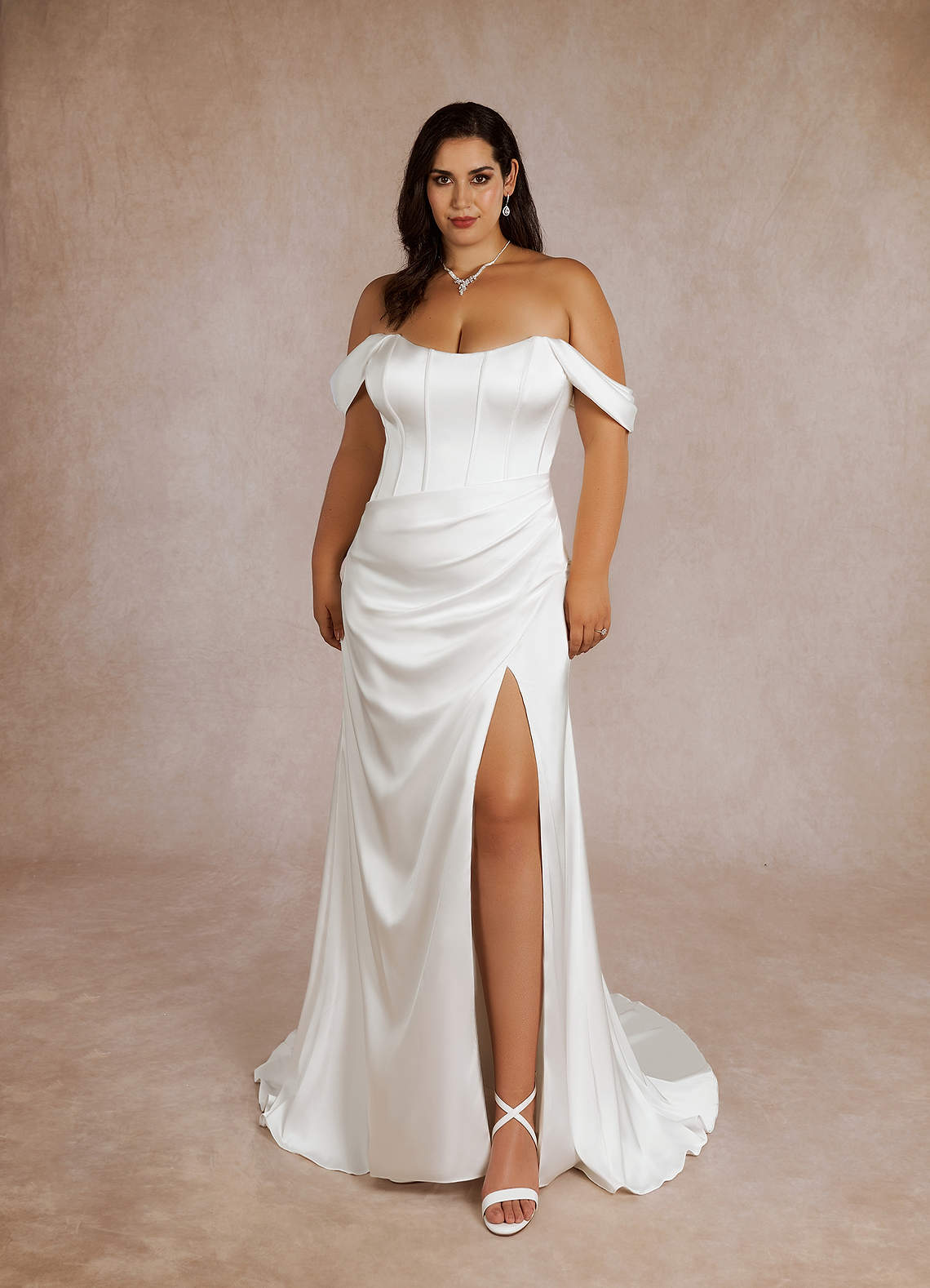 Diamond White Mermaid Off the Shoulder Stretch Satin Dress