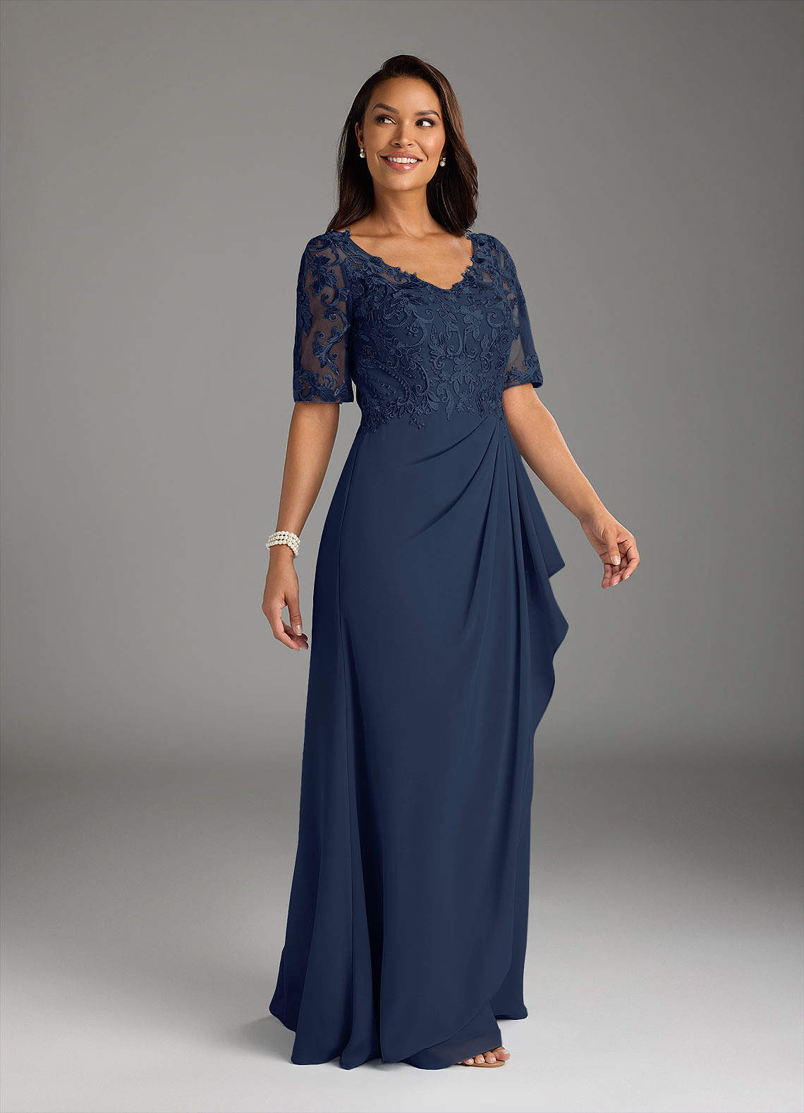 Dark Navy A-Line V-Neck Lace Chiffon Dress