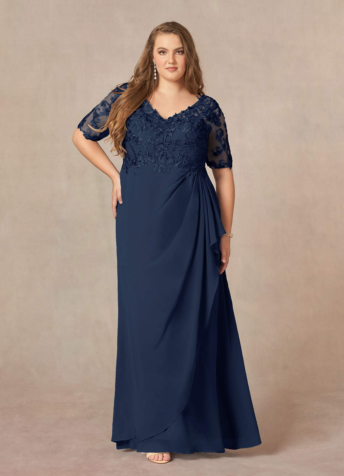 Dark Navy A-Line V-Neck Lace Chiffon Dress