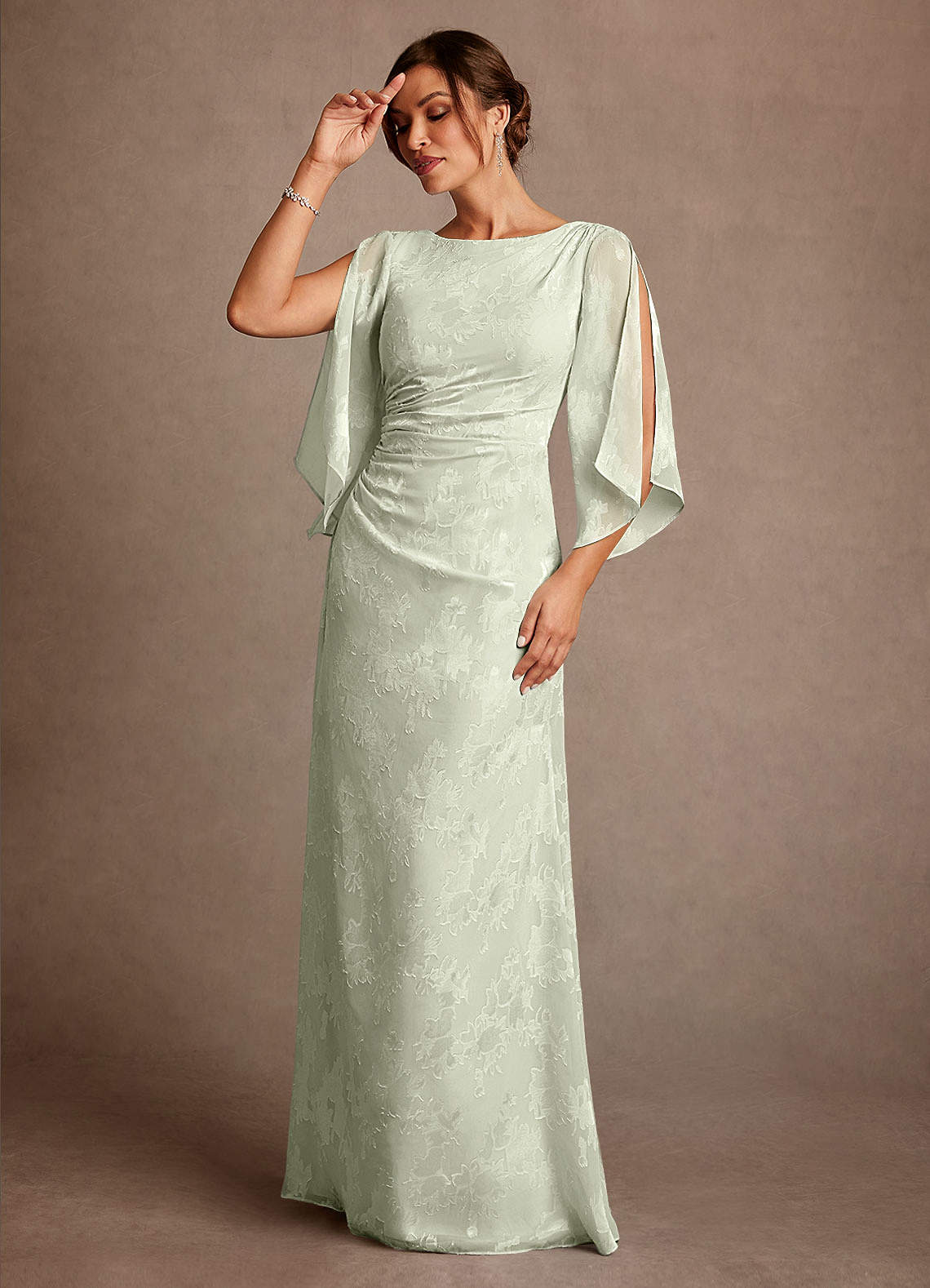 Dusty Sage Sheath Pleated Floral Burnout Dress