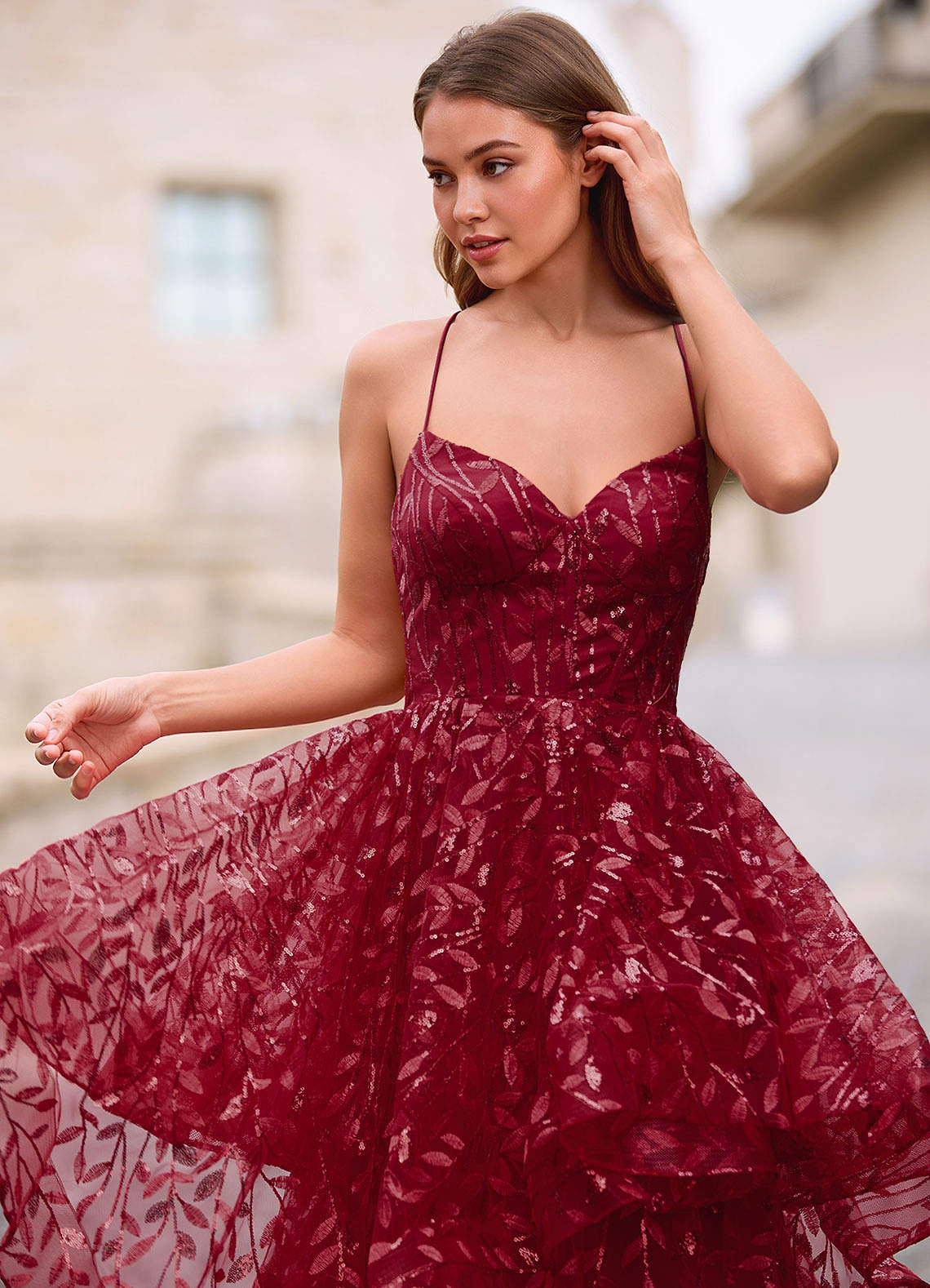 Valentina Burgundy Embroidered Jacquard Sheer Prom Dress  Dress