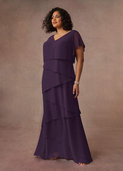 Plum A-Line V-Neck Chiffon Dress