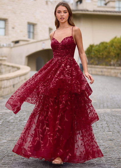 Valentina Burgundy Embroidered Jacquard Sheer Prom Dress  Dress