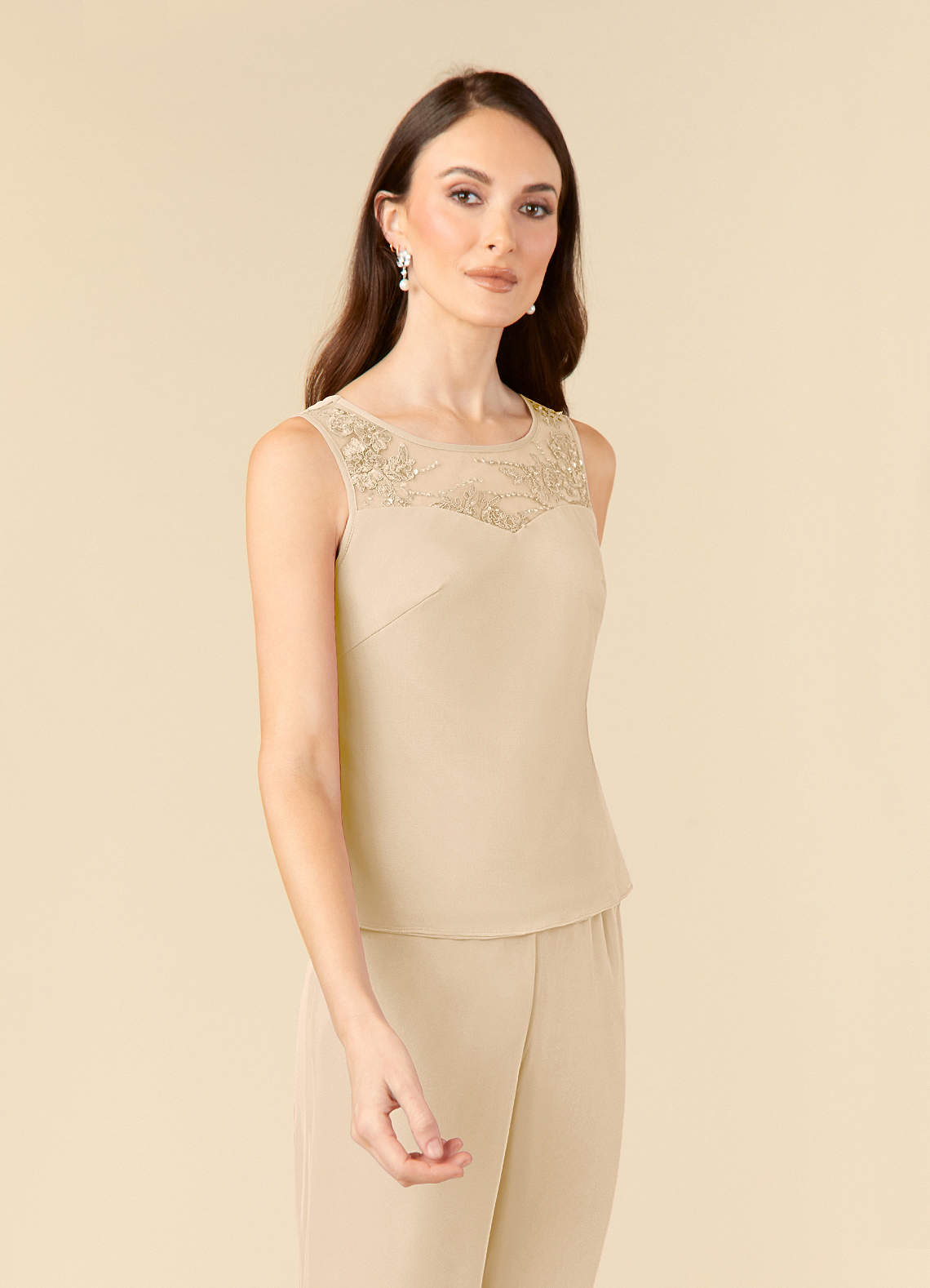 Champagne Jumpsuit/Pantsuit Scoop Mesh Dress