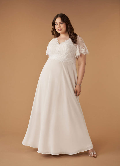 Diamond White Champagne A-Line V-Neck lace Chiffon Dress