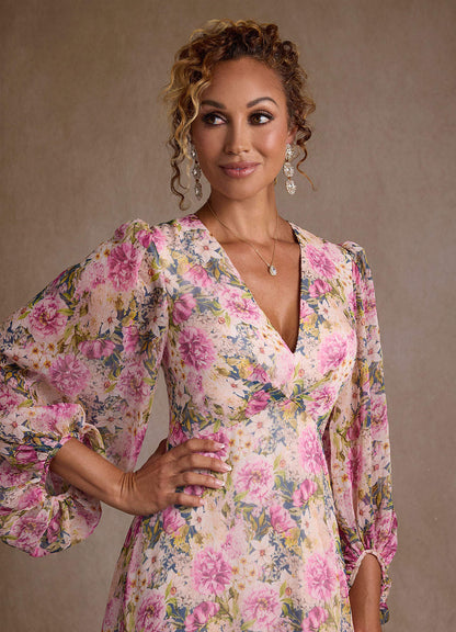 Lavender Floral A-Line Pleated Chiffon Dress