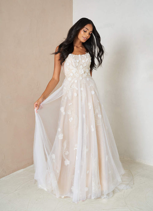 Diamond White Champagne A-Line Sequins Tulle Dress