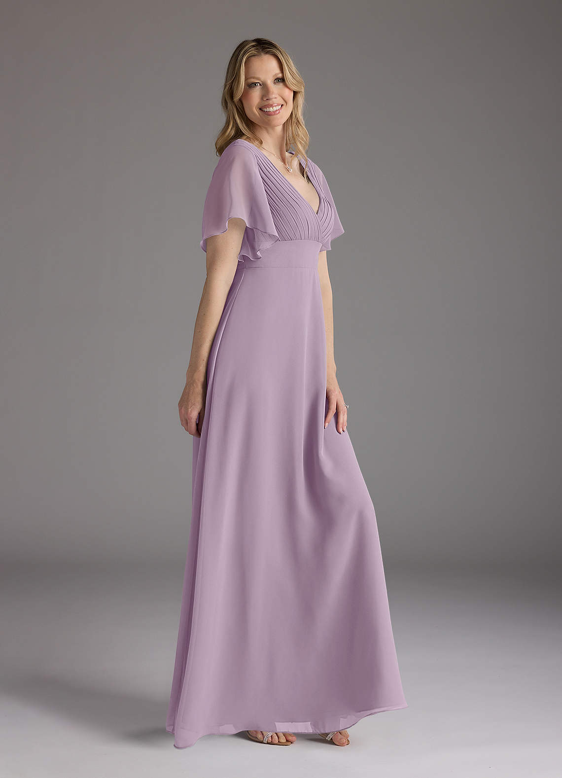 Wisteria A-Line V-Neck Pleated Chiffon Dress