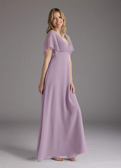 Wisteria A-Line V-Neck Pleated Chiffon Dress