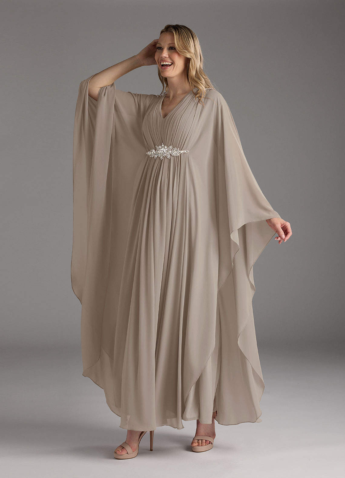 Taupe A-Line Pleated Chiffon Dress