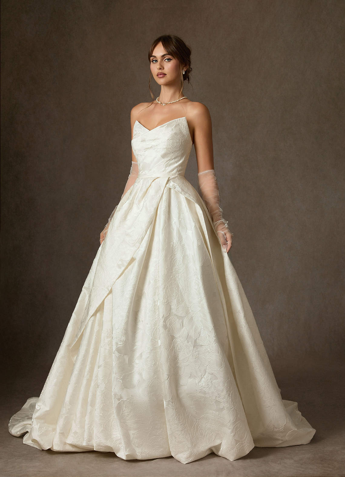 Antique White Ball-Gown Strapless Floral Jacquard Dress