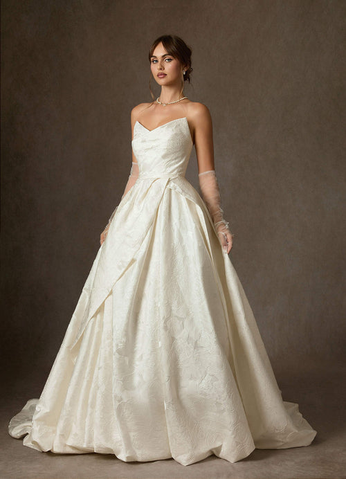 Antique White Ball-Gown Strapless Floral Jacquard Dress