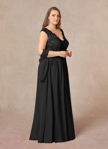 Black A-Line V-Neck Sequins Chiffon Dress