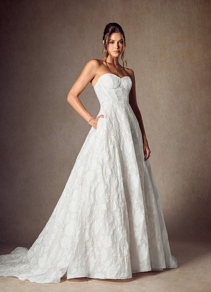 Diamond White Ball-Gown Strapless Floral Burnout Jacquard Dress