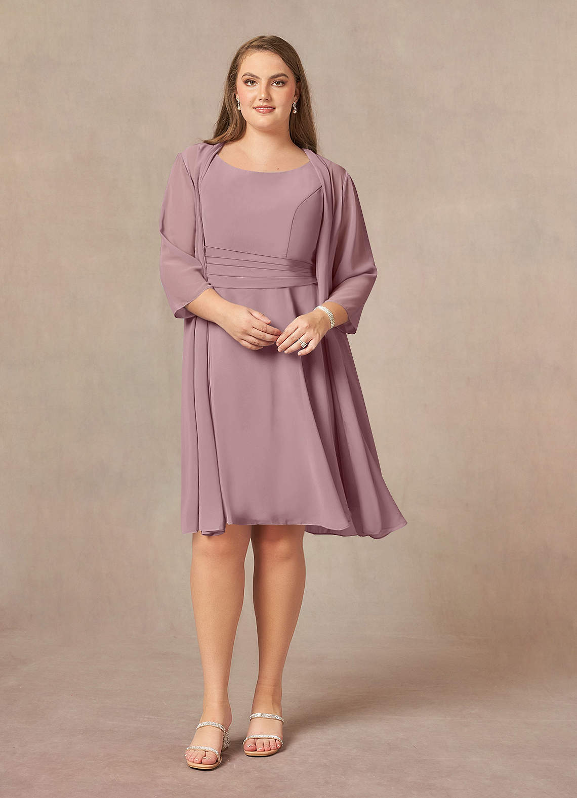 Dusty Rose A-Line Scoop Pleated Chiffon Dress