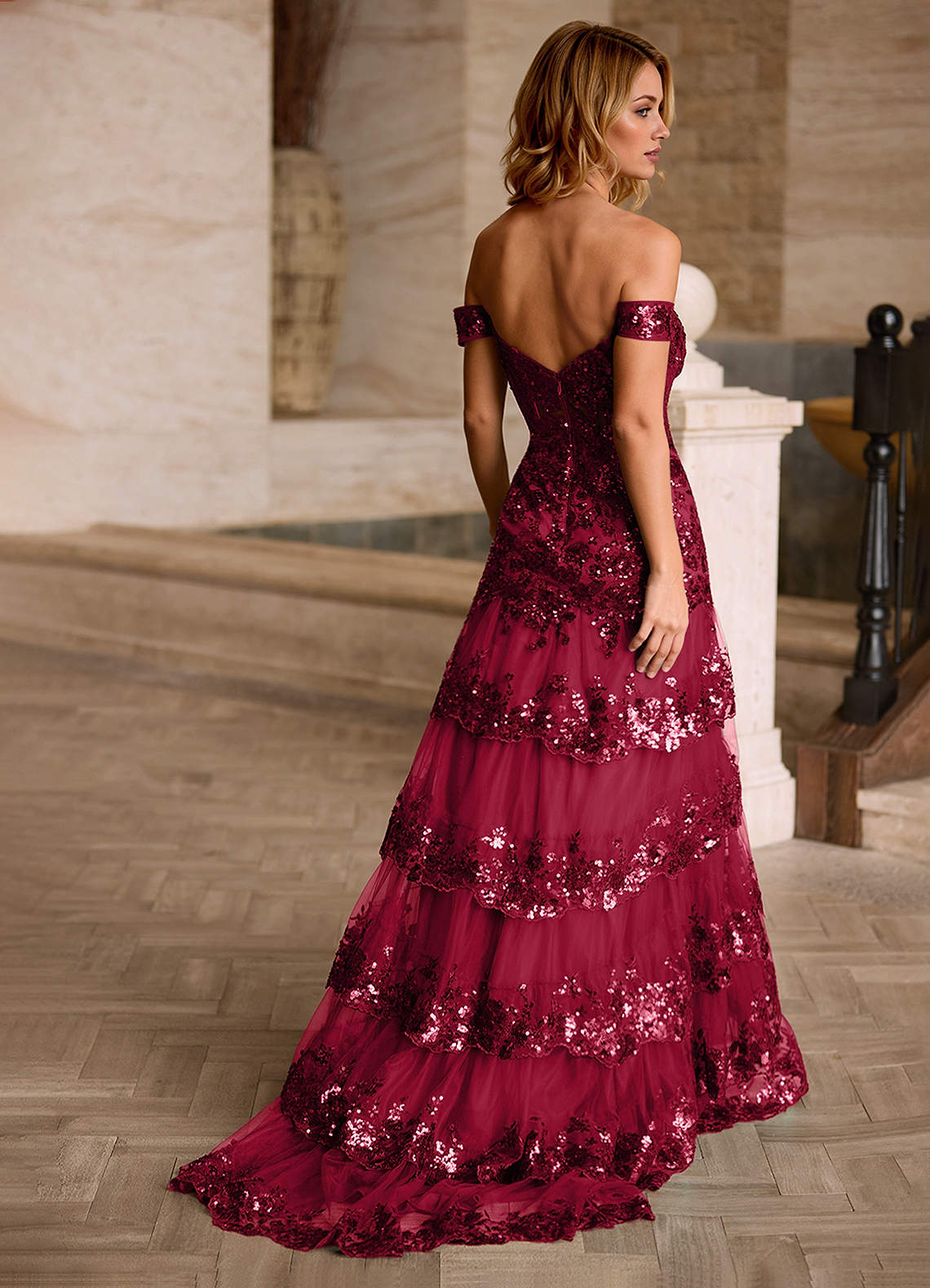 Jenna Red Ruffled Glitter Mermaid Prom Dress  Dress