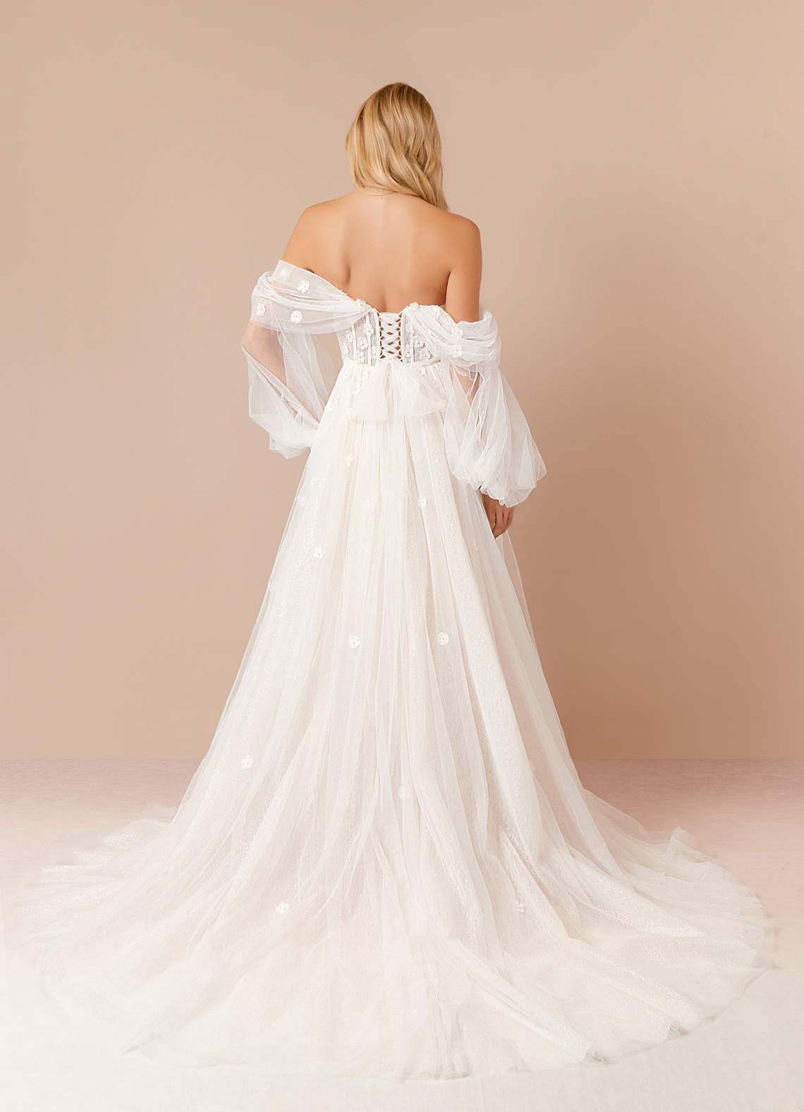 Diamond White Champagne A-Line Off the Shoulder Tulle Dress