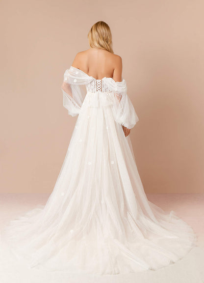 Diamond White Champagne A-Line Off the Shoulder Tulle Dress